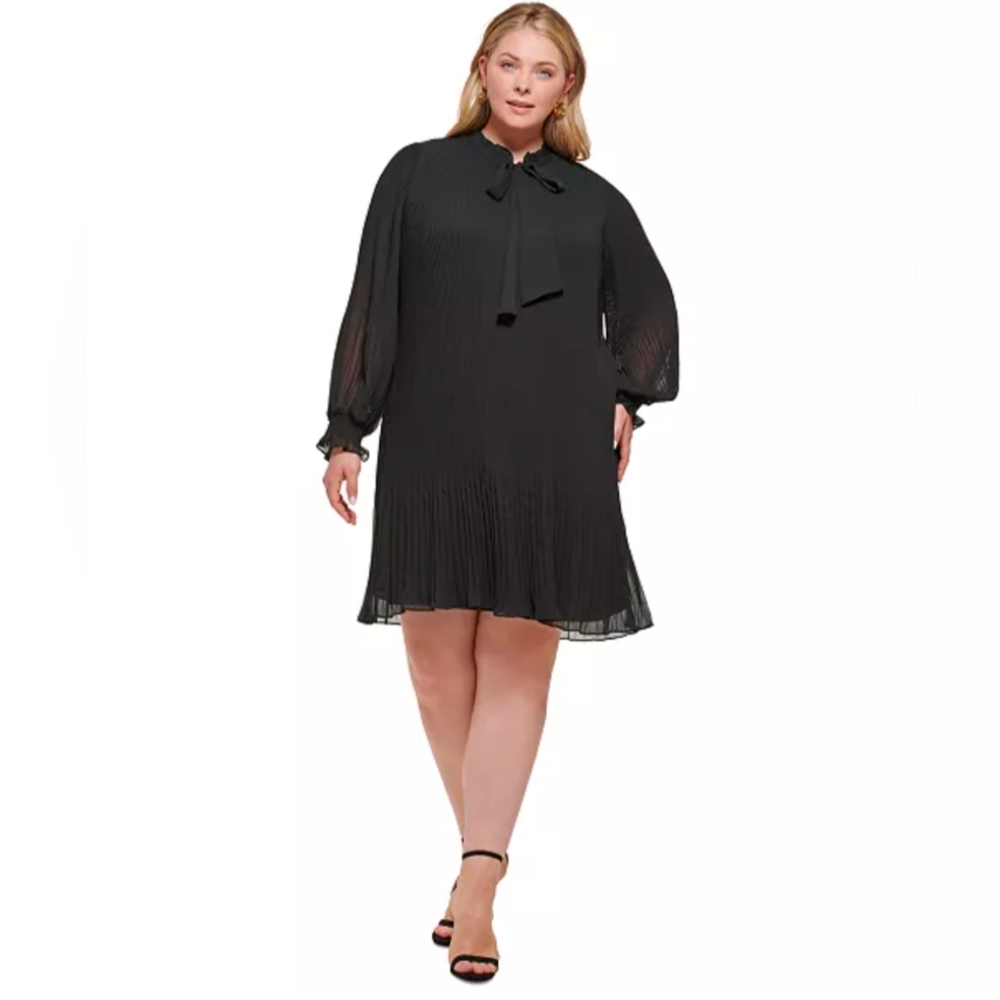 DKNY Pleated Chiffon Tie Front Long Sleeve Dress Sz 16
